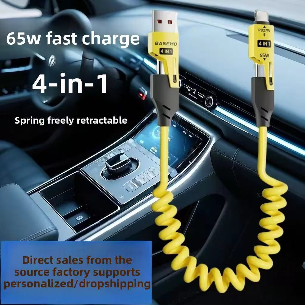 65W PD 4-in-1 Fast Charging Cable, 5A Type-C & iOS, Car & Qatar Ready, 1.5m Pure Copper
